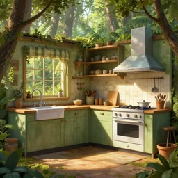 a forest - themed kitchen, trending on artstation, hdr