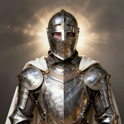 white man looking forward in decorated plate armor, cylindrical crusader great helm covering all his head and white silk cape covering his elbows drawn by greg rutkowski realistic high detail