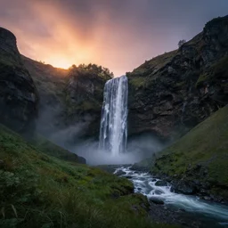 photo of epic mountain landscape, waterfall, sunset, cinematic, art by michael shainblum
