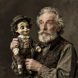 hyper realistic old photography of lunatic ventriloquist old man with terrific haunted puppet