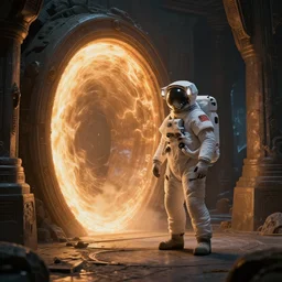 an astronaut standing next to a glowing portal in an alien temple, photorealistic, ultra high resolution, ultra detailed, 8 k