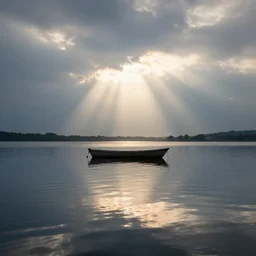 god rays illuminating a boat in a calm lake, water mirror, cloudy sky, award winning, 1 2 0 0 mm