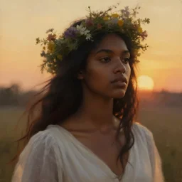oil painting close up portrait of a contemplative young black woman with long dark flowing hair in a white dress, wearing a crown of wildflowers!! at sunset, hazy, digital art, chiaroscuro, artstation, cinematic, golden hour, digital art painting by greg rutkowski, william - adolphe bouguereau, hazy atmosphere, cinematic lighting