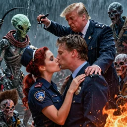 romantic scene of brett kavanaugh making out with cyborg zombie policewoman. alien king initiates lobotomy sequence. zombie donald trump disobeys orders and feats on brett's shoulder.. heavy acid rain. papoose. elton john mutant cyborg. close up. fire. scene from promethius