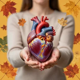 mixed media collage, autumnal colours, woman holding an anatomically correct heart in her hands
