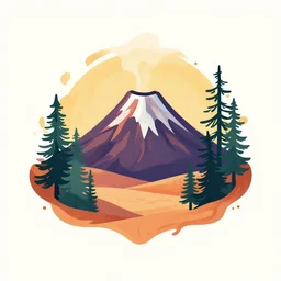 volcano in a desert with canadian firs trees splash art graphic design color splash high contrasting art, fantasy, highly detailed, art by greg rutkowski