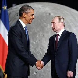 President barrack Obama holding hands lovingly with Vladimir Putin on the moon, photorealistic 8K