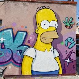A mixed media painting of graffiti wall of Homer Simpson, by Beeple, kawaii, post-processing, low angle, masterpiece, cinematic, isometric, volumetric lighting