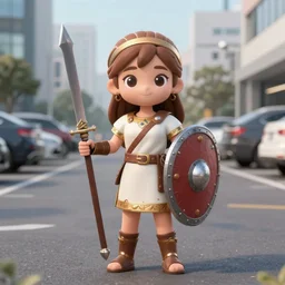 a cute warrior maiden wearing greek tunic, holding a shield and gladius, standing in a modern parking lot, highly detailed digital art