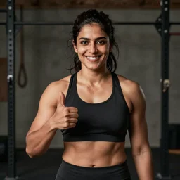 Radhika Apte as a strong crossfit athlete, smiling, giving a thumbs up to the camera, photo portrait by Annie Leibovitz
