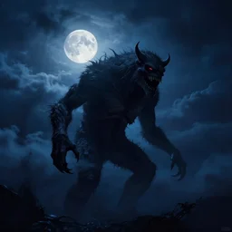 a monster in the sky, horryfying, dark night, blue clouds illuminated by the moon, monster illuminated by the moon, eerie by craig mullins