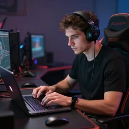 realistic man using laptop in gaming room, artstation trends, concept art, highly detailed, intricate, sharp focus, digital art, 8 k