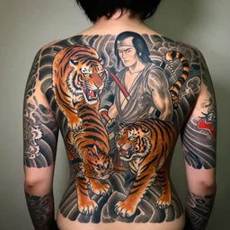 japanese woman with irezumi tattoos with intricate designs with tigers and christopher walken as a samurai, facing away from camera, amazing detail, sharp, dynamic lighting