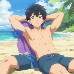 Summer Bishil as an Attractive Anime Character relaxing on the beach