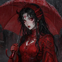 seductive female dullahan, in the rain, highly detailed, painting, dark red and black color palette, intricate, high quality anime artstyle, in the style of ilya kuvshinov