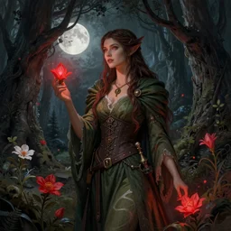 epic fantasy D&D woman druid, old dark forest, moon, flowers, magic, red light, detailed illustration, hd, 4k, overdetailed art, by greg rutkowski, by Alfons Mucha, complementing colors