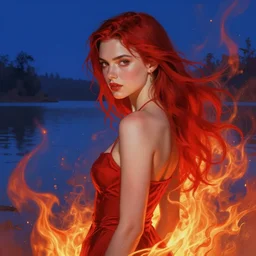 emily rajtkowski, lake, red and blue, flames everywhere!!!!!!!!!!!, highly detailed, digital painting, artstation, concept art, smooth, sharp focus, illustration, art by artgerm and greg rutkowski and alphonse mucha