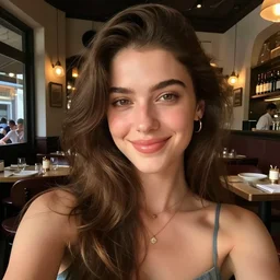 Sappho smiling in a selfie at a new restaurant, iPhone photo