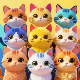 bright, colurful, cartoon cats, facing directly, hypersaturated, various colors, ultra detailed, 8 k