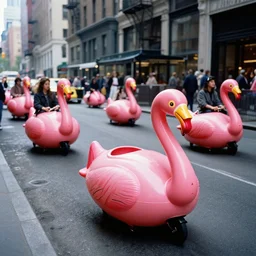 A high quality photograph of a Manhattan street full of wheeled flamingo cars, 1991. High resolution.