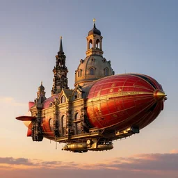 airborne steampunk dirigible zeppelin that strongly resembles frauenkirche dresden, aircaft carrier, inspired by neuschwanstein castle, imperial bavarian and prussian, red gold black, straigt lines, dieselpunk, german, napoleonic, floating above 1 8 5 0 s bavaria, gorgeous sunset by david levy vyle art, artstation