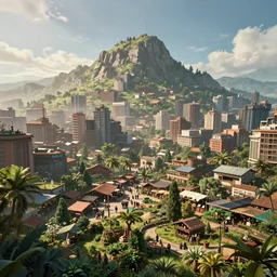 a scenic view of a city build on and around a mountain, market and gardens, james paick, imax quality, cinematic photography, cinematic, ue 5, realistic, highly - detailed, sci - fi