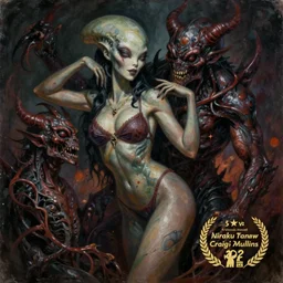 ultra realist horror painting of a dimly lit attractive alien female and hellish creature together, very intricate details, focus, curvy figure, 5 0's pin - up pose, model pose, full frame image, artstyle hiraku tanaka and craig mullins, award winning