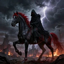 a grim reaper, splattered with blood, riding a large black horse, with red glowing eyes, flowing red mane and tail, blackened clouds cover sky, crackling with lightning, a castle in distance burns, concept art by greg rutkowski, craig mullins, todd mcfarlane,