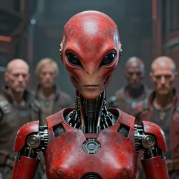 friendly humanoid robot, portrait bust, symmetry, faded red metal colors, exotic alien features, cypherpunk background, tim hildebrandt, wayne barlowe, bruce pennington, donato giancola, larry elmore, masterpiece, trending on artstation, featured on pixiv, cinematic composition, beautiful lighting, sharp, details, hyper detailed, 8 k, unreal engine 5