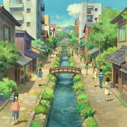 an optimistic futuristic pedestrian street with landscaped streams, idyllic crossing bridges, by studio ghibli and john berkey
