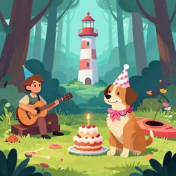 darkblonde balthazar and his dog okko wearing birthday hats, celebrating a birthday party in a forest, with music, birthday cake and kayaks, with a lighthouse of digital art in the background