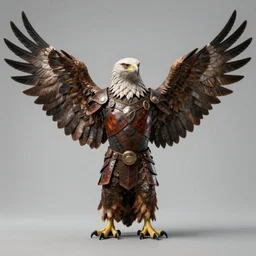 symmetrical realistic full body of anthromorphic photo portrait of an eagle! wearing leather armor with large wings spread wide, by jack kirby italo calvino roger dean and alena aenami