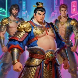 attractive beefy male with armor, tang dynasty, character design, colorful, neon lights, vaporwave, painting by gaston bussiere, craig mullins, j. c. leyendecker, tom of finland