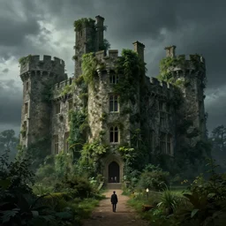 an old english castle covered by plants with moody and cinematic lighting by greg ruthkowski and simon stalenhag jama jurabaev and illya repin, cinematic and atmospheric, concept art, artstation, trending on artstation