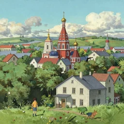 “A detailed painting of Russian suburbs by Hayao Miazaki”