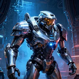 a telephoto closeup photo of the chrome terminator starship citizen cylon warror in a massive mass effect halo robot factory at night,blue haze, volume metric lighting, retracing, unreal, concept art cyperpunk video game poster design with intricate details :: magic the gathering, Battlestar Galactica, neon lighting, lens flare, rich vibrant colors, High contrast, blizzard concept artist, syd mead