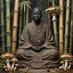 ancient japanese monk, by kiki smith, by zdzisław beksinski, by wangechi mutu, bamboo, mushrooms, mycelium, mycena acicula, insanely detailed, hypermaximalist, elegant, ornate, hyper realistic