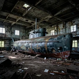 detailed award winning urbex photograph of an abandoned ramshackle ussr submarine base, cinematic composition, volumetric light, wide angle, film grain