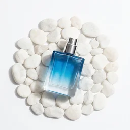 blue perfume bottle lying on white pebbles birdseye view, white background, zen, light, modern minimalist f 2 0 clean and fresh
