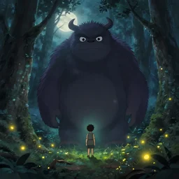 a small boy discovers a giant hairy monster in a misty moonlit forest, surrounded by fireflies, art by studio ghibli, trending cgsociety, cinematic lighting