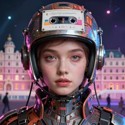 singular space girl portait, flawless symmetrical pretty cute face, greg rutkowski, 8 k, shallow depth of field, intricate detail, concept art, blade runner 2 0 4 9, scorched earth, cassette futurism, modular synthesizer helmet, the grand budapest hotel, glow, digital art, artstation, pop art, by hsiao - ron cheng