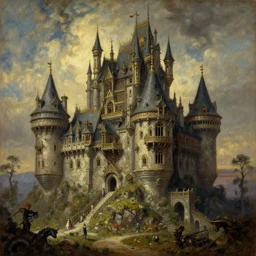 steampunk castle, magic, high fantasy, oil painting, by leonardo da vinci