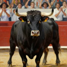 close - up detail scene of bullfight, by goya, oil painting, high contrast, detailed, the bull stands proudly and still, as if the crowd is there to admire it, masterpiece, vibrant colors
