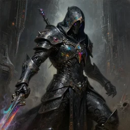 dark gritty realistic highly detailed intricate artistic award winning digital oil painting featuring the iridescent ornate cloaked hooded warrior partially cybernetic dark entity god of future technology in an aggressive stance brandishing cosmic smoking iridescent weaponry, intricate, ornate, black armor with hints of rainbow and gothic influence, smooth oil painting, muted realistic colors, epic megastructure space scene background, super intricate, galactic,