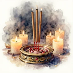 a watercolor of incense and candles, intricate, elegant, highly detailed, digital painting, artstation, concept art, smooth, sharp focus, dynamic lighting by delphin enjolras, ultrarealistic, cinematic, octane render