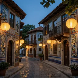 winding street at twilight in a very old very beautiful city by George Price Boyce and Donato Giancola and William Dyce, glowing paper lanterns, strong dramatic cinematic lighting , ornate tiled architecture, lost civilizations, smooth, sharp focus, extremely detailed