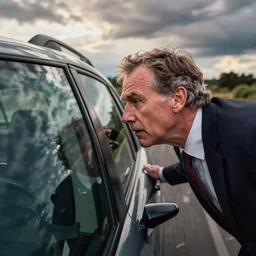 geert wilders headbutting the front window of a car in slow motion