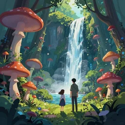 psychedelic mushrooms, enchanted forest, waterfall, clean cel shaded vector art, shutterstock, behance hd by lois van baarle, helen huang, by makoto shinkai and ilya kuvshinov, rossdraws, illustration
