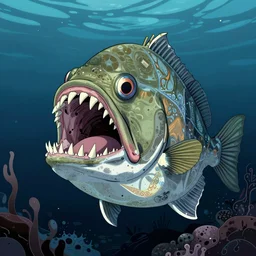 illustration of an angler fish, in the stle of yoshi yoshitani, deep sea, large mouth filled with pointed teeth, stylized linework, ornamentation, artistic