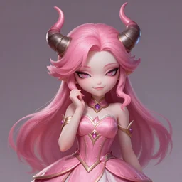 a highly detailed illustration of cute smug pink haired pale girl with horns wearing pink dress, dramatic smirk pose, intricate, elegant, highly detailed, centered, digital painting, artstation, concept art, smooth, sharp focus, league of legends concept art, wlop.